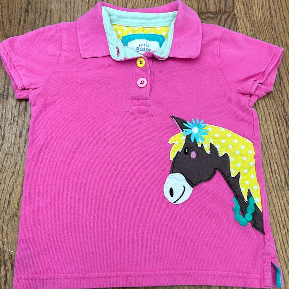 Mini Boden horse polo shirt pink girls pony horse appliqué